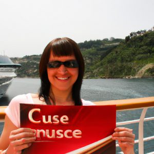 Person holding cruise brochure, smiling