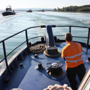 Person operating tugboat on water